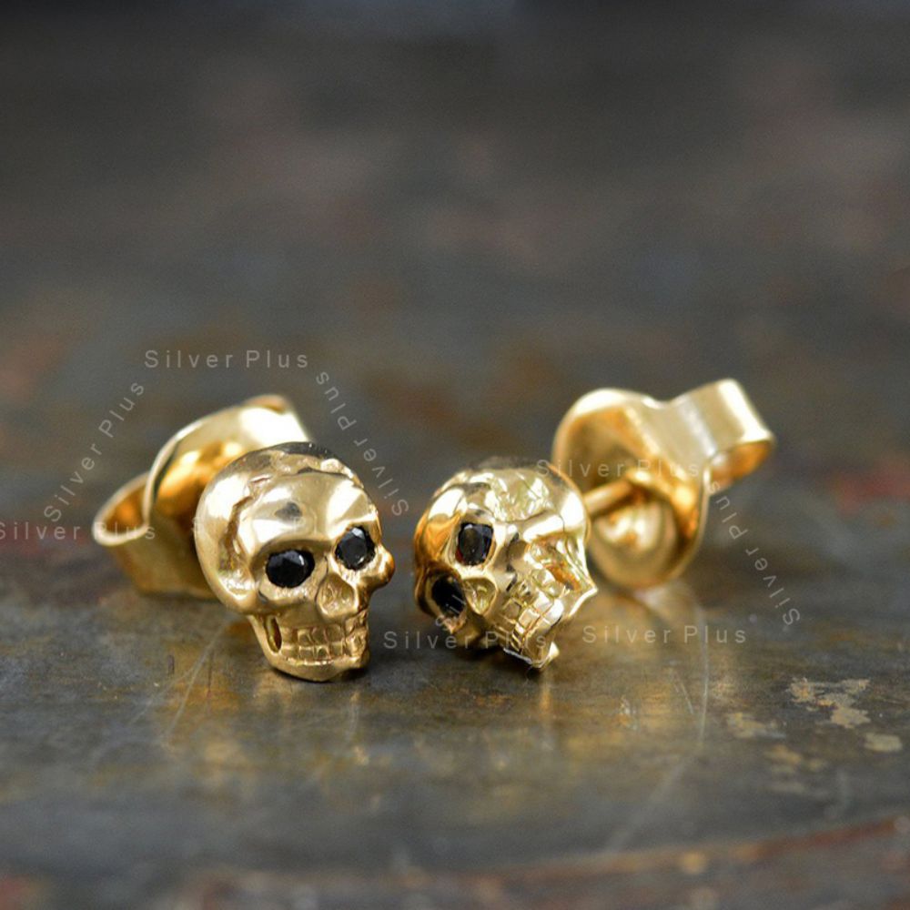 Solid Sterling silver Over Gold vermeil skull stud earrings Supplier