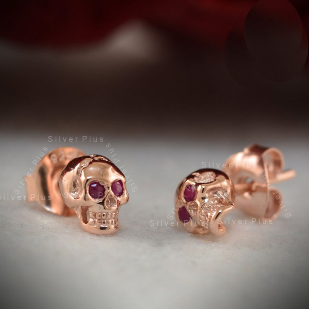 Solid Sterling silver Over Gold vermeil skull stud earrings Supplier