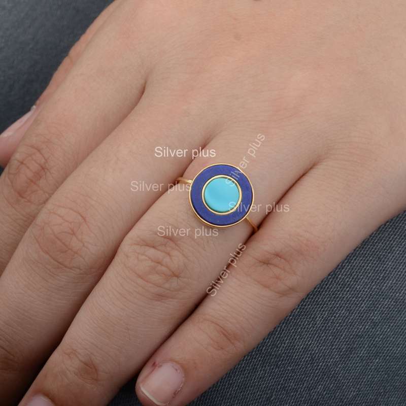 14k Yellow Gold Genuine Lapis & Turquoise Gemstone Ring Jewelry Manufacturer