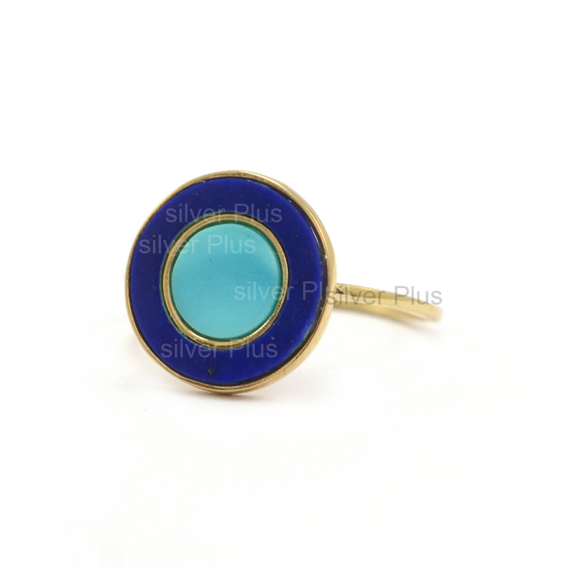 14k Yellow Gold Genuine Lapis & Turquoise Gemstone Ring Jewelry Manufacturer