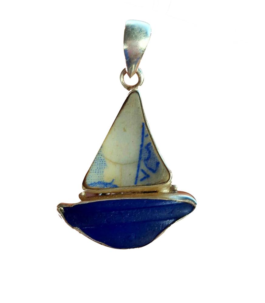 Wholesale  Sterling Silver With Sea glass Stone Boat Shape Ocean Pendant