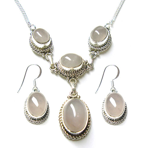 925 sterling silver pink rose quartz necklace earrings Wholesaler