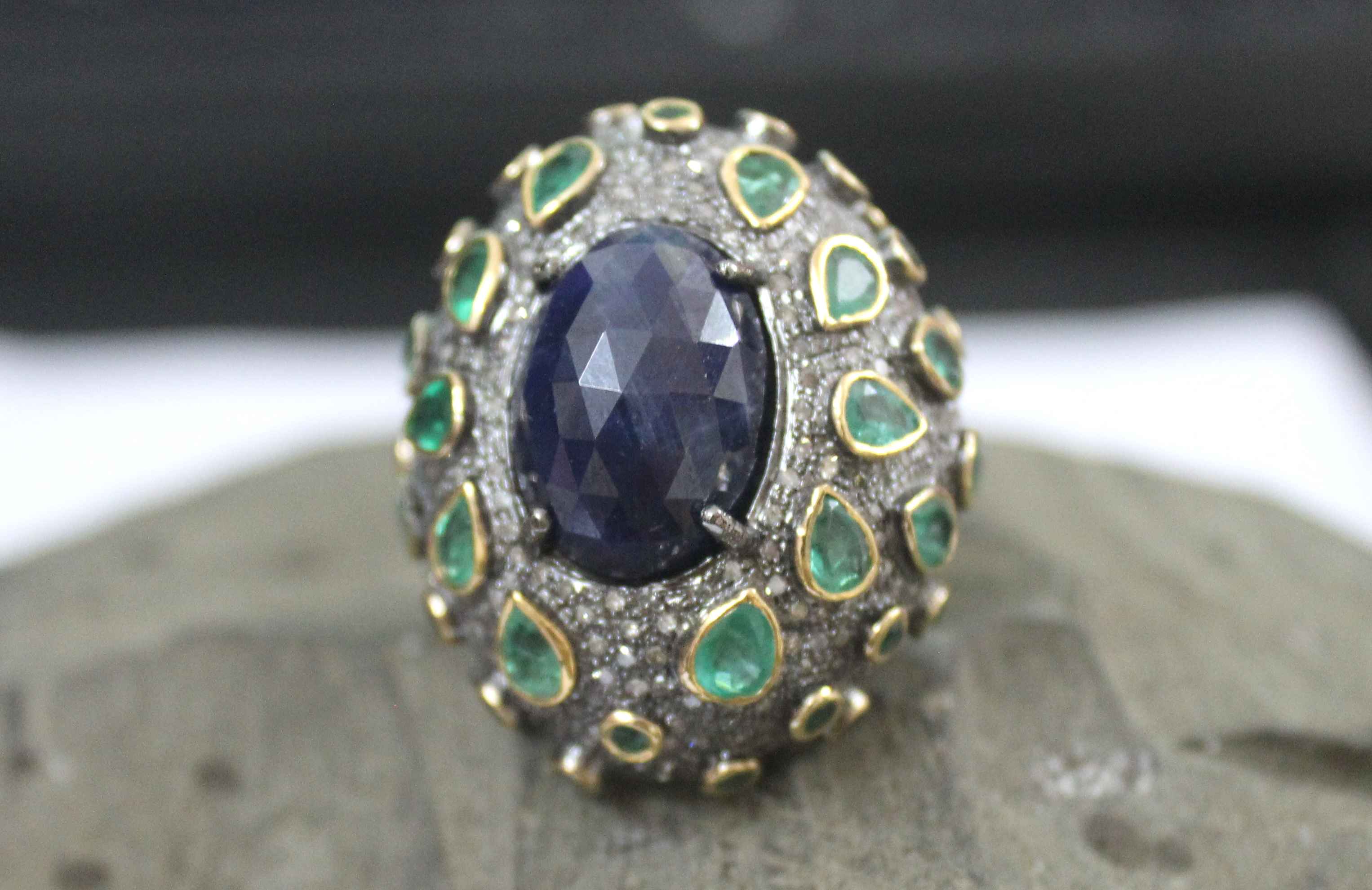 Blue Sapphire and Emerald With Diamond Unique Design Silver Ring Exporter