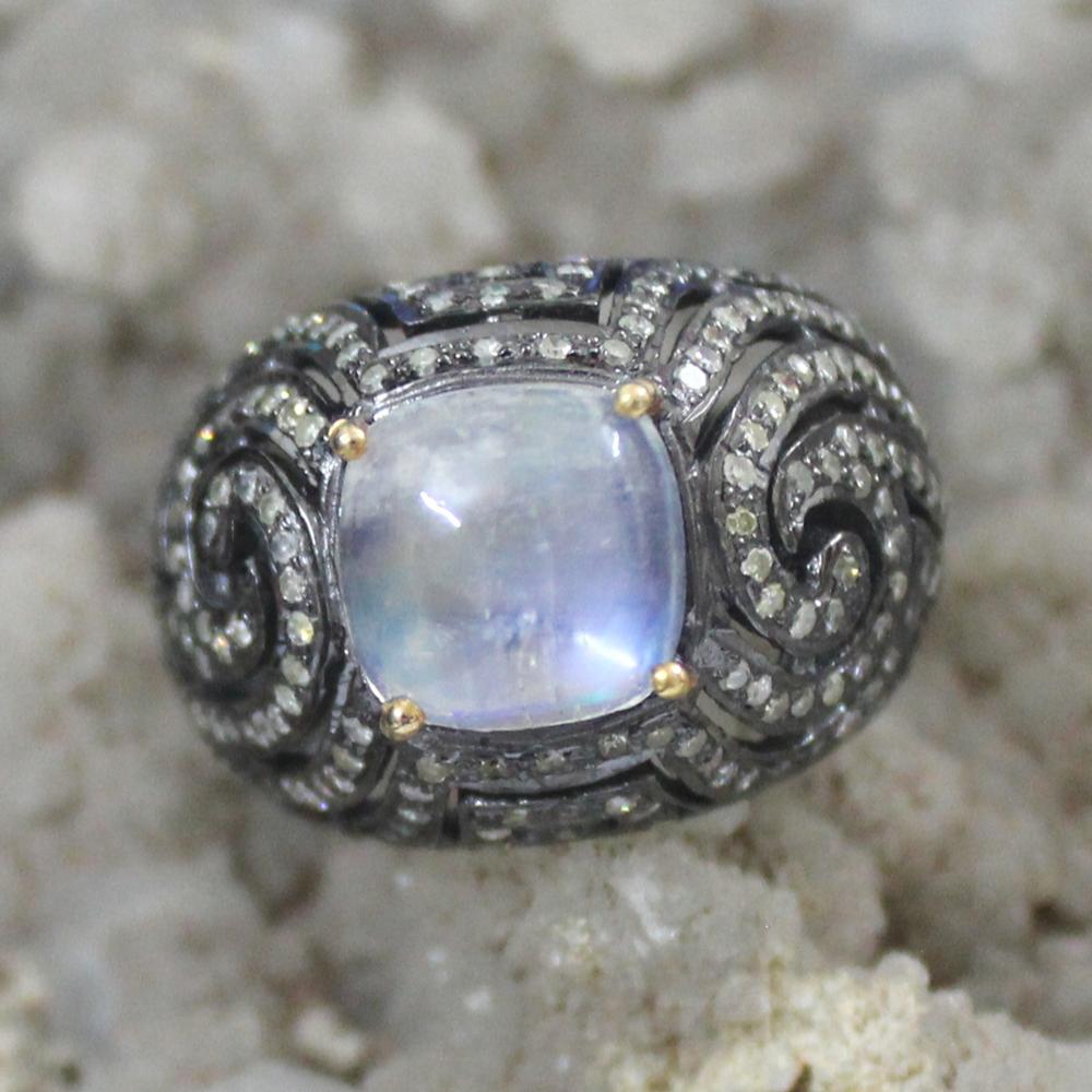 Silver Ring Rainbow Moonstone With Diamond Unique Design Exporter