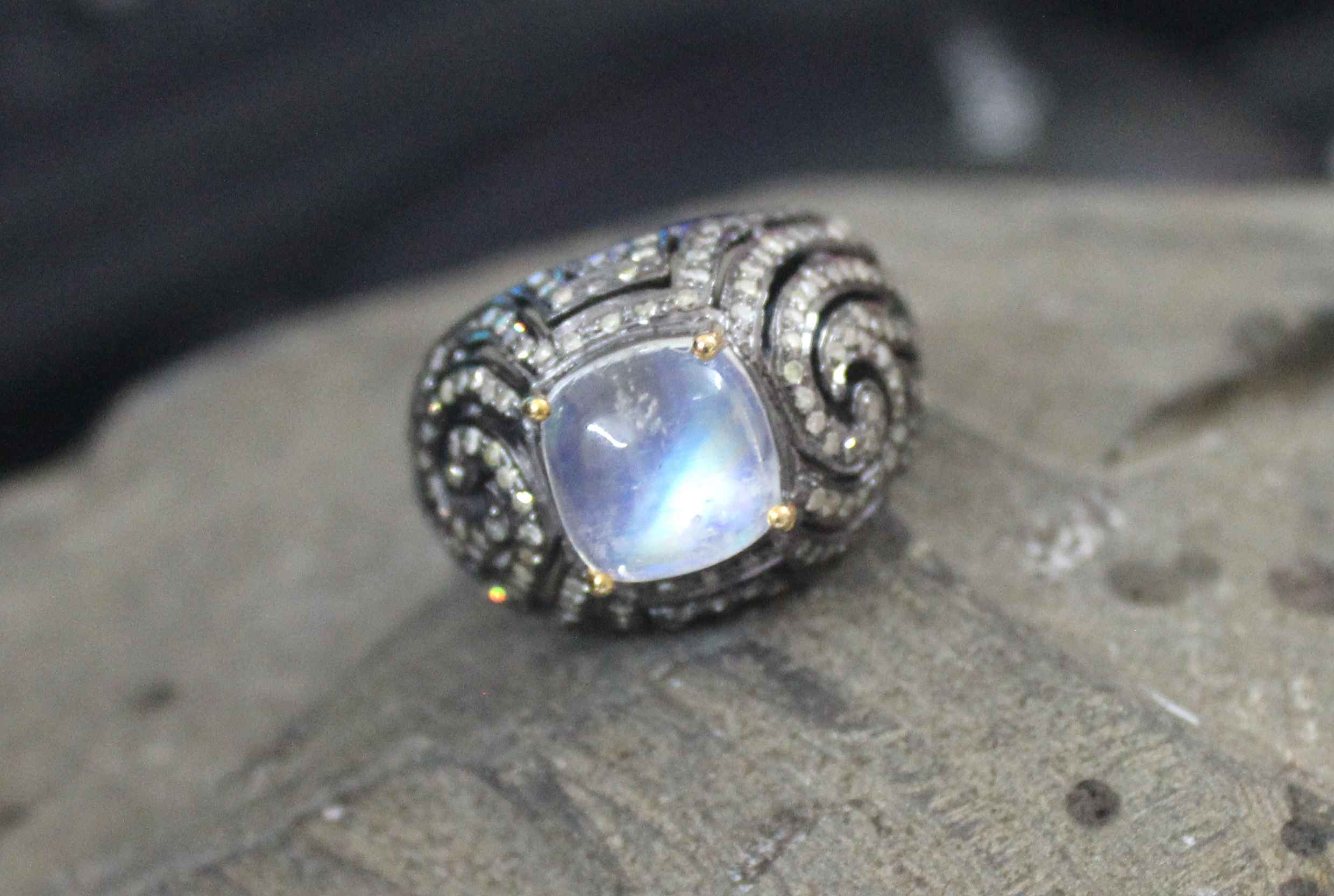 Silver Ring Rainbow Moonstone With Diamond Unique Design Exporter