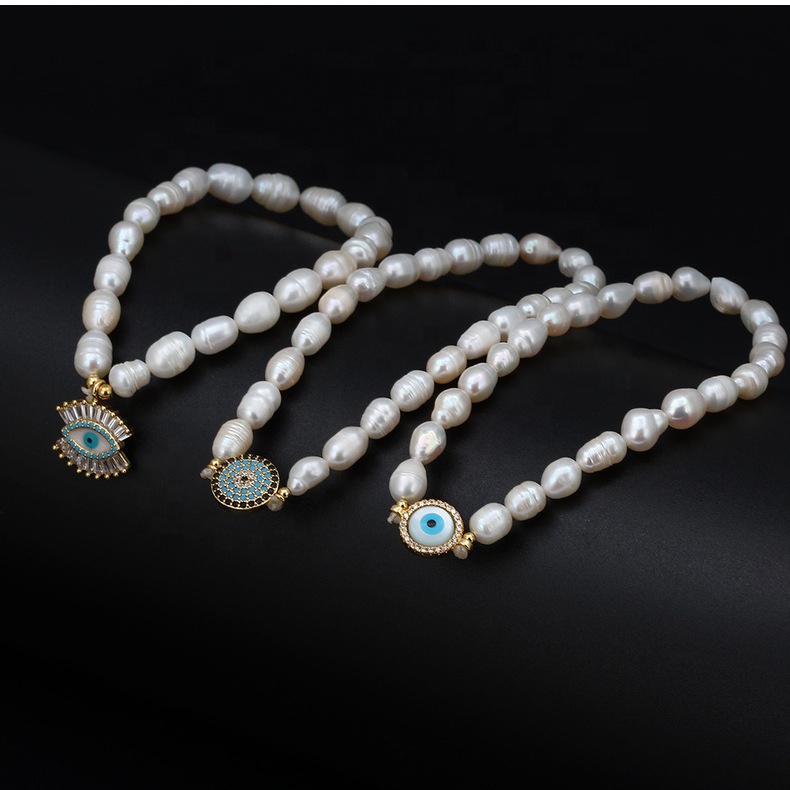 Fashion charm turkish Freshwater Pearls bracelet evil blue eye diamond Exporter