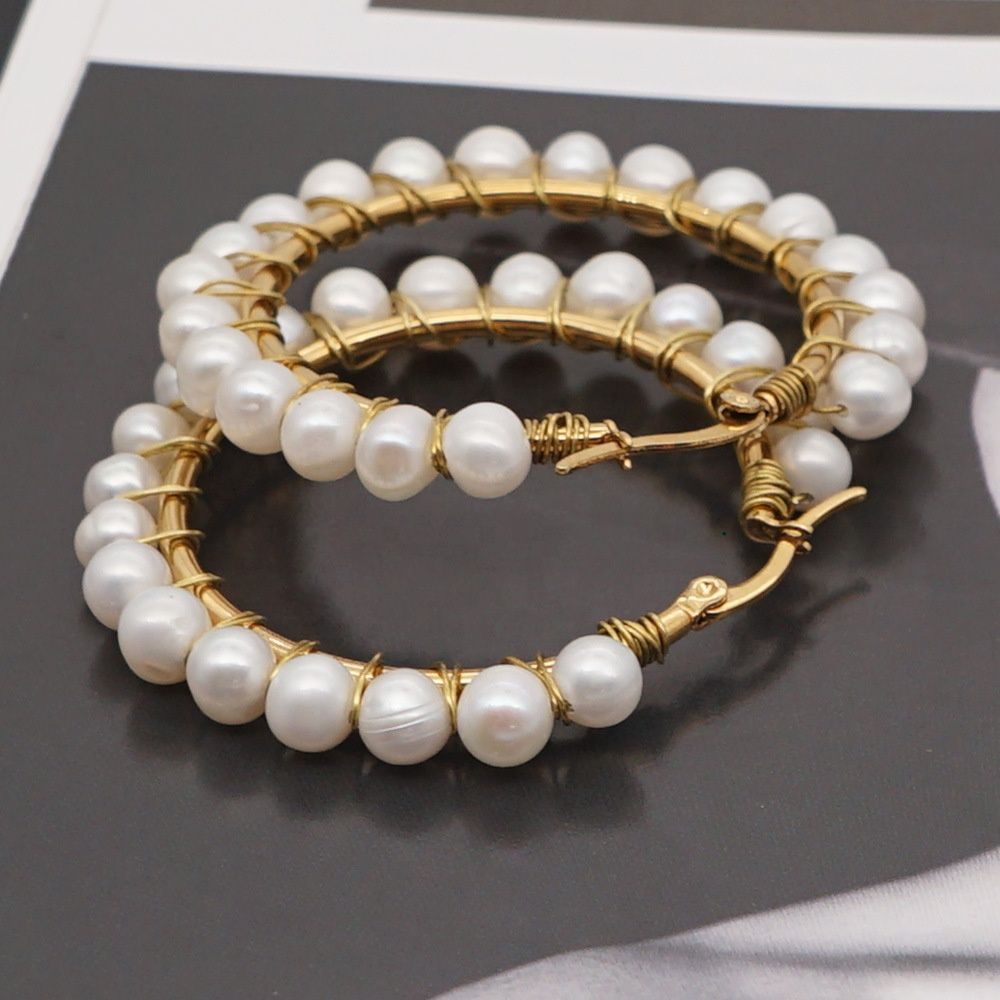 Natural freshwater pearl handmade stainless steel gold earrings Exporter