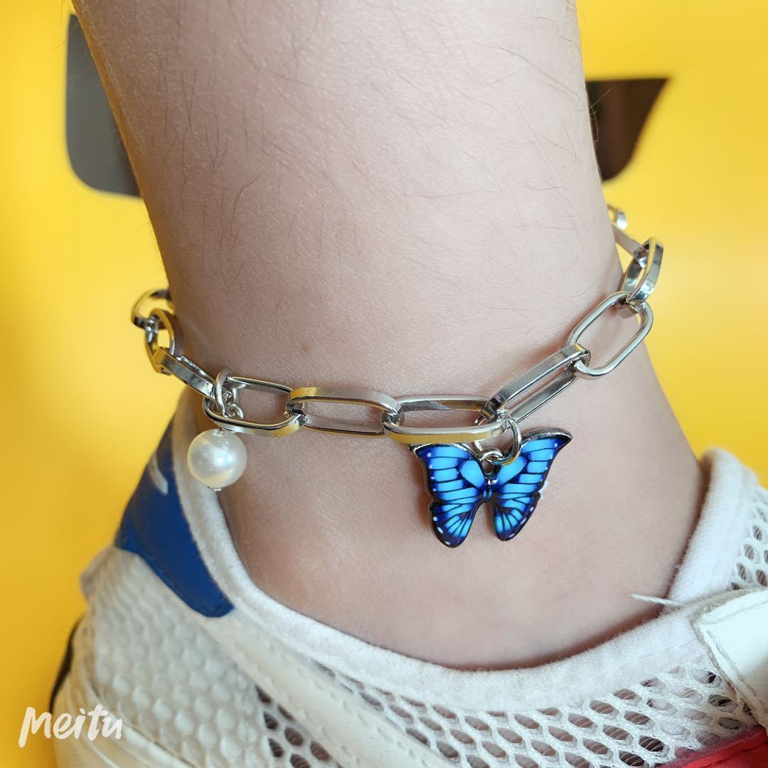 Fashion Design Blue Yellow Butterfly Cuba Chain Anklet For Girls Exporter