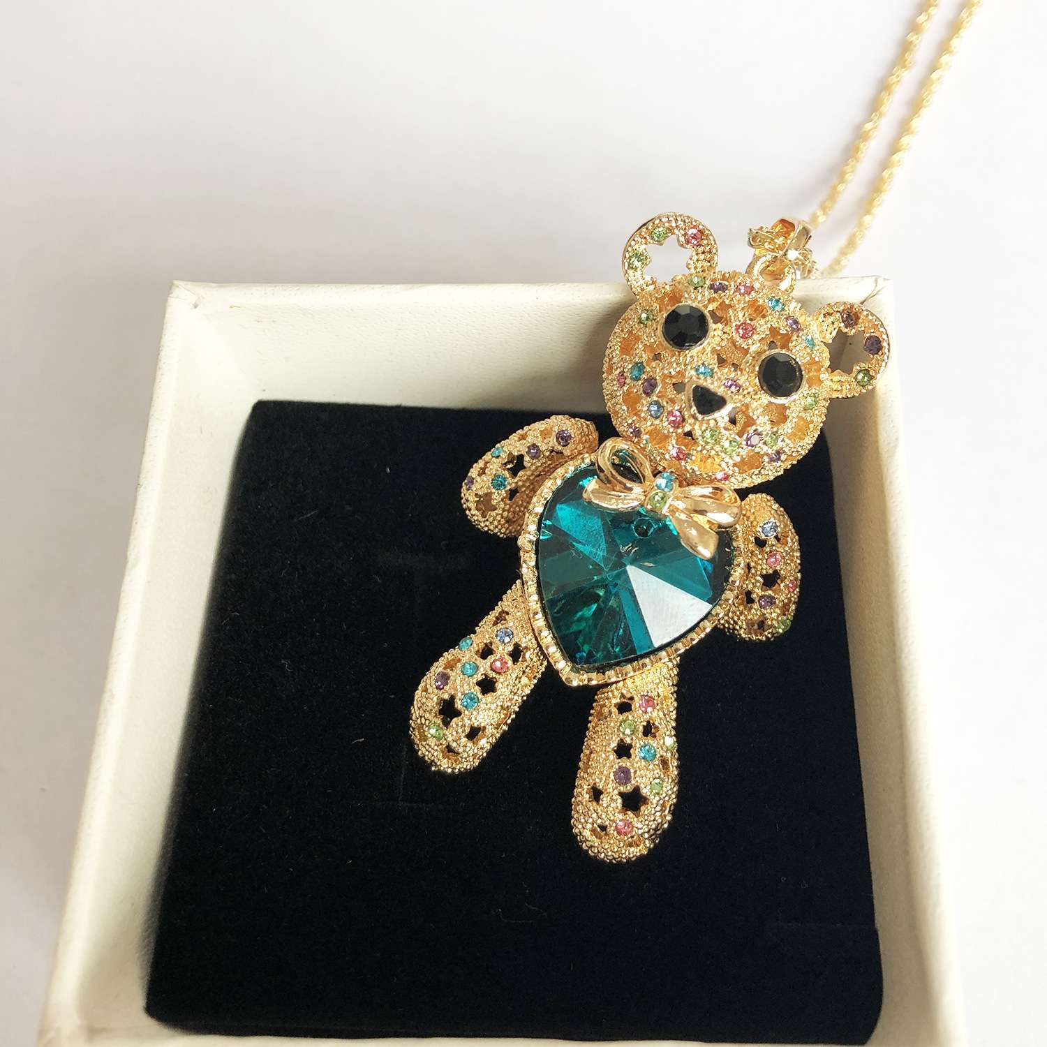 Unique Present Gold plated crystal love heart bear long necklace Exporter
