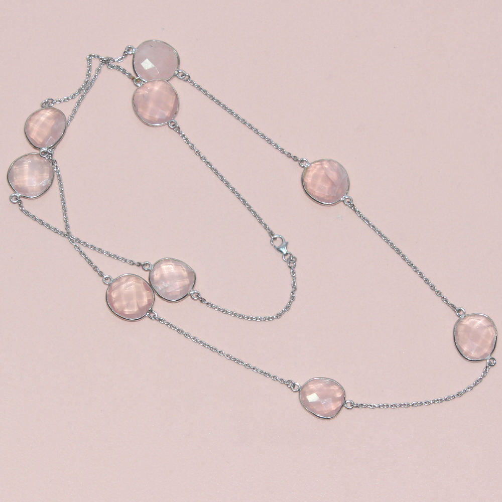 Rose Quartz Round Shape 925 Sterling Silver Necklace  exporter