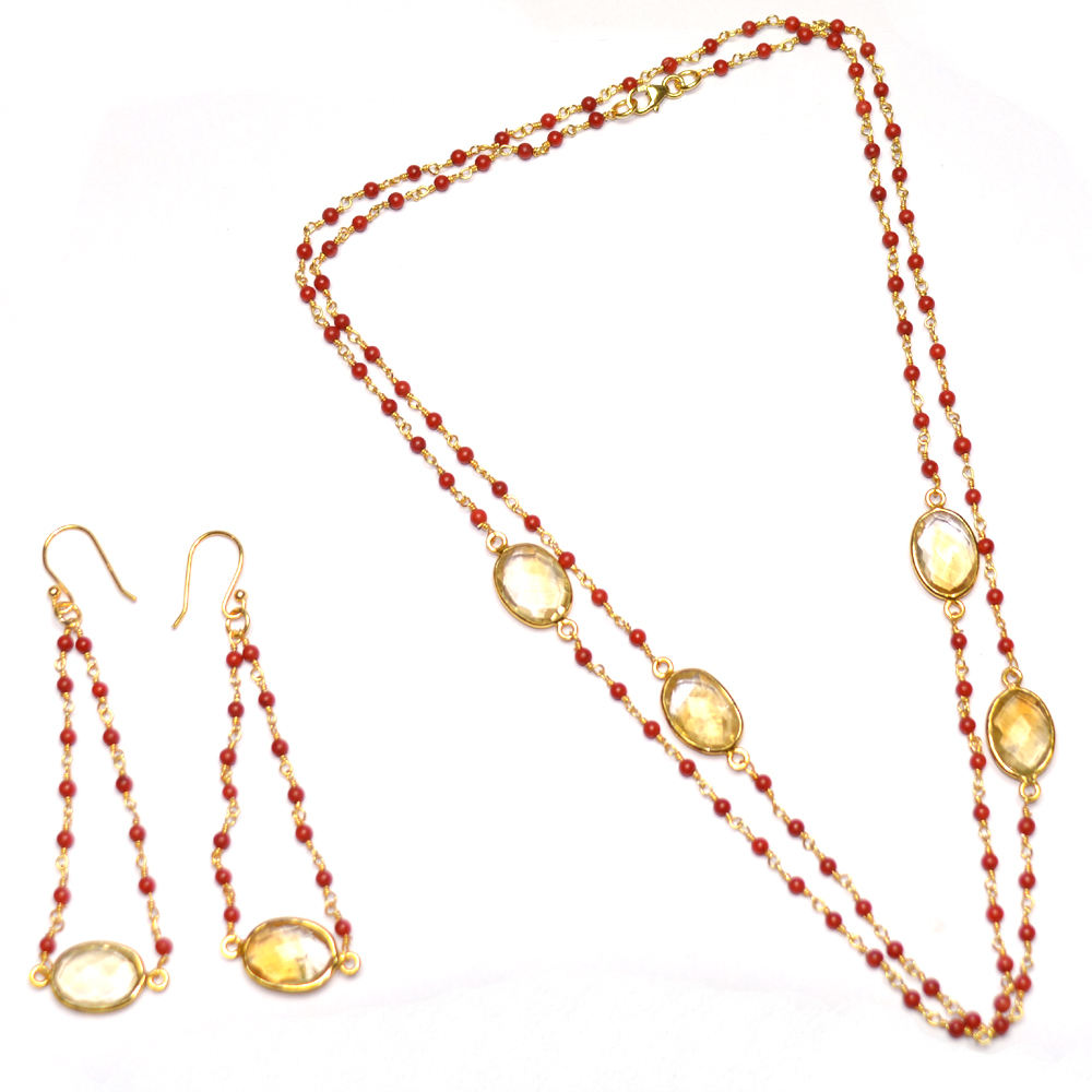 Coral With Citirine Topaz Fancy Shape 925 Sterling Silver Necklace exporter