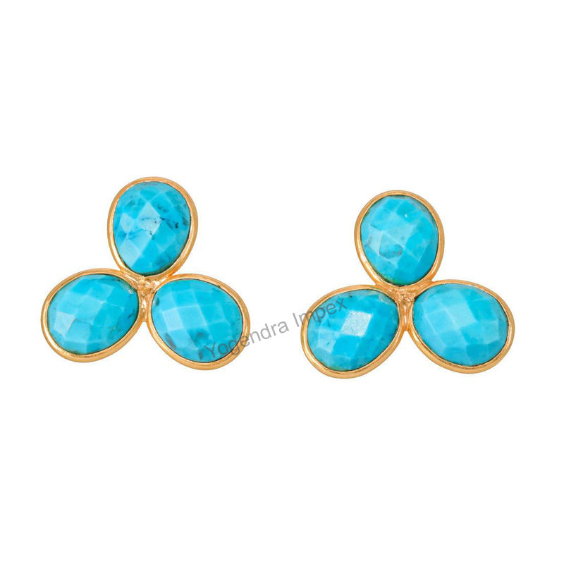 Leaf Shape Turquoise Gold Plaeted Silver Bezel Stud Earrings exporter