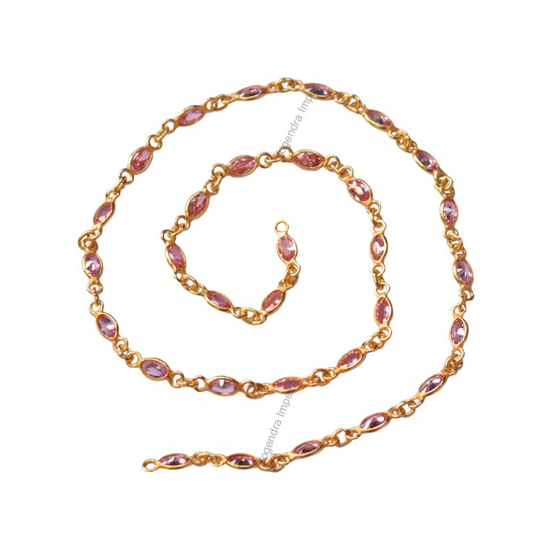 Pink Quartz Cubic Zirconia Gold Plated Silver Bezel Connector Chain Exporter