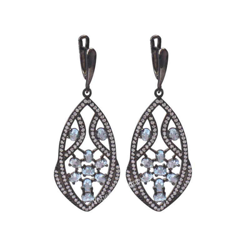 Blue Topaz  Cubic Zirconia Black Rhodium 925 Silver Hanging Earrings exporter