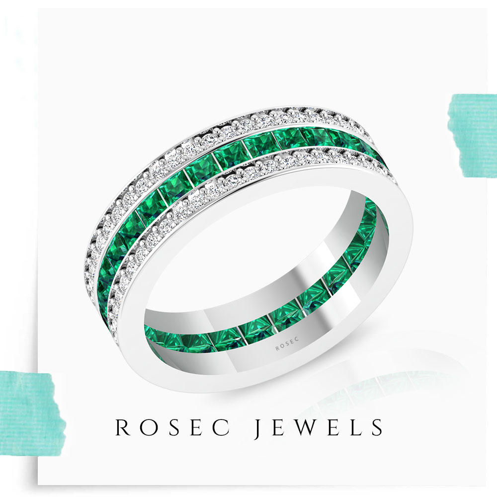 Emerald Diamond Full Eternity Ring, Wide Diamond Gemstone Band Manufacturer