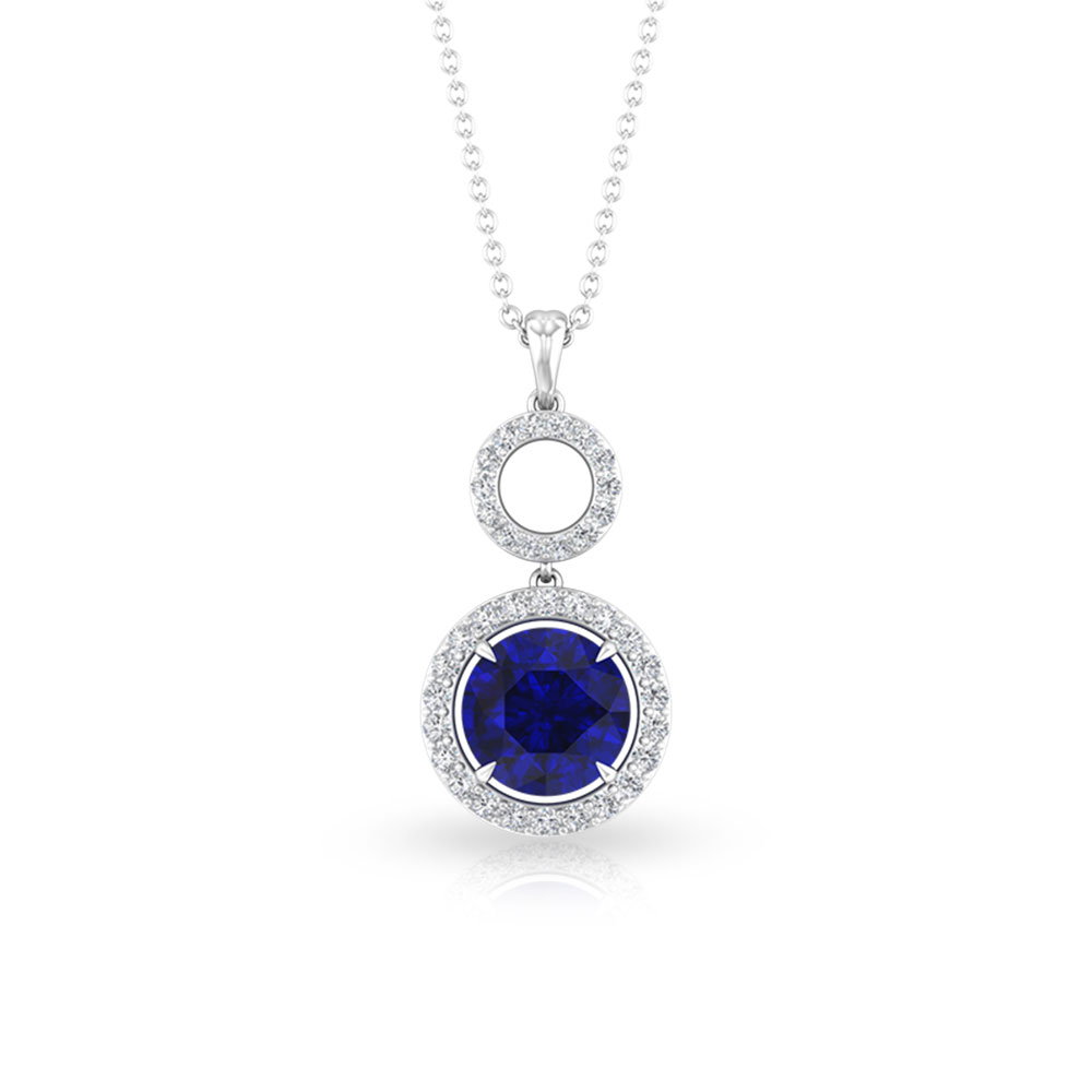 Blue Sapphire Diffused wit Moissanite Pendant, Open Circle Manufacture