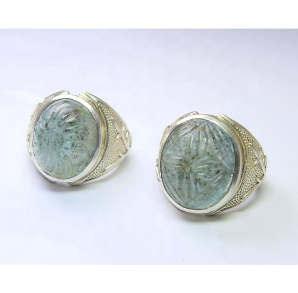 Moss Aquamarine Carving Sterling Silver Ring Gemstones Exporter