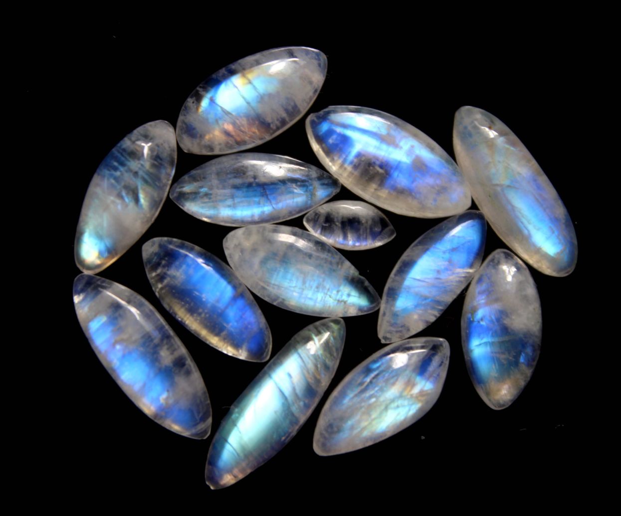 Natural White Rainbow Moonstone Smooth Cabochon Marquise Shape Exporter