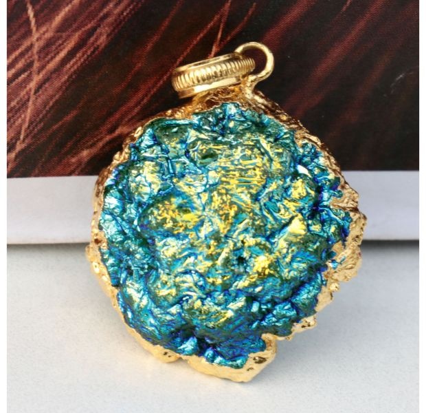 Blue Solar Quartz Druze Electroplated 24K Gold Plated Pendant Exporter