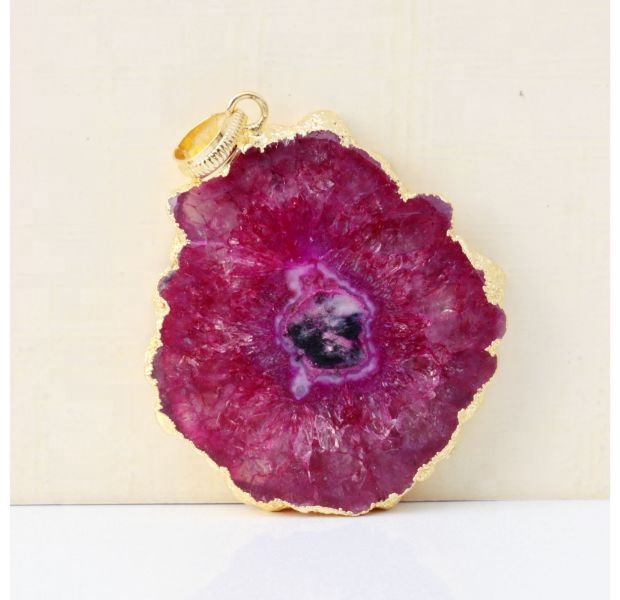 Pink Solar Quartz Druzy Electroplated 24K Gold Plated 43x40MM Exporter