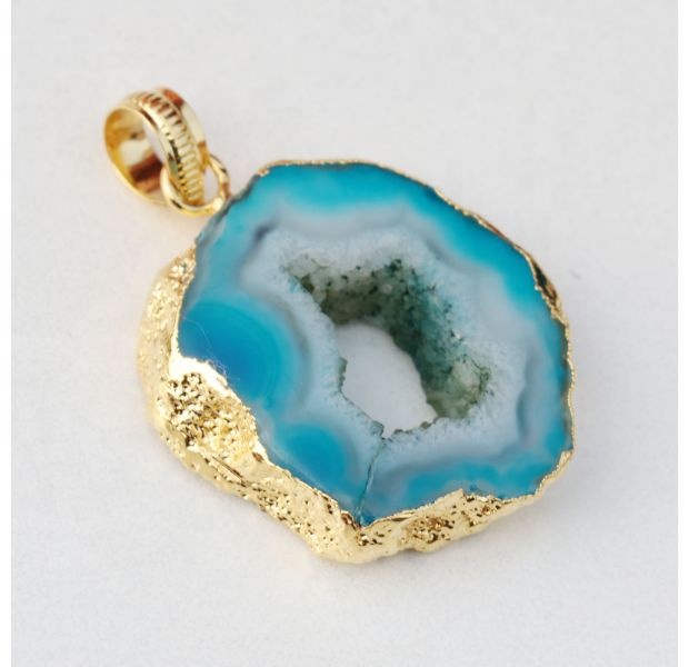 Natural Sky Blue Agate Slice Electroplated 24K Gold Plated 26x24mm Exporter